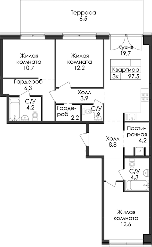 3-комнатная квартира 97.5 м², 1/9 эт., ЖК «Лермонтовский 54»